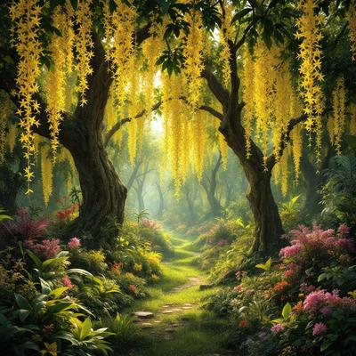 The primary subject of the image is a pathway surrounded by a lush, colorful garden. The setting is a forest with trees and flowers, creating a serene and natural atmosphere. The visual style is a digital art or illustration, showcasing the vibrant colors and intricate details of the flowers and trees. The colors and mood of the image are predominantly warm and inviting, with the vibrant colors of the flowers and the lush greenery of the forest creating a sense of tranquility and